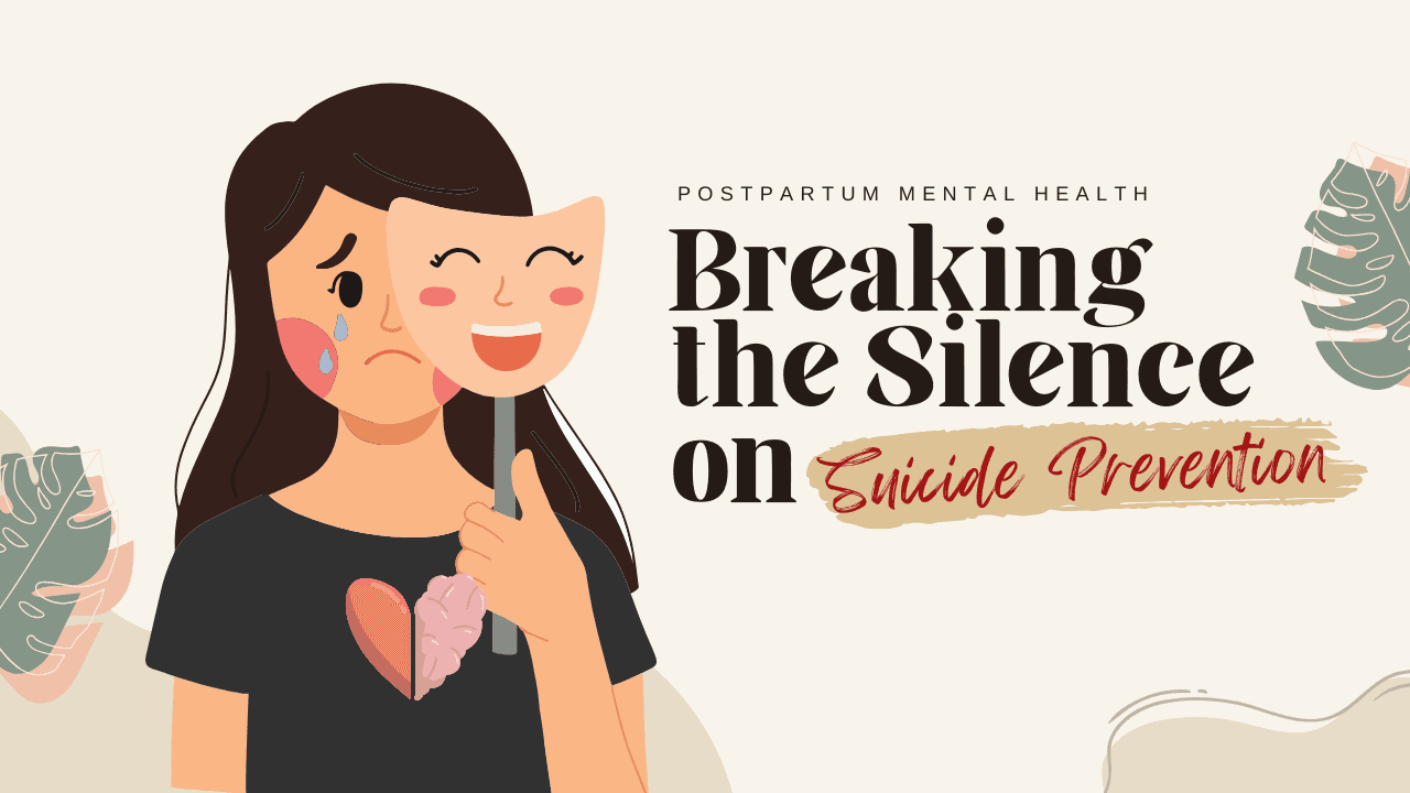 Postpartum mental health awareness – woman hiding tears with a smiling mask, suicide prevention message.