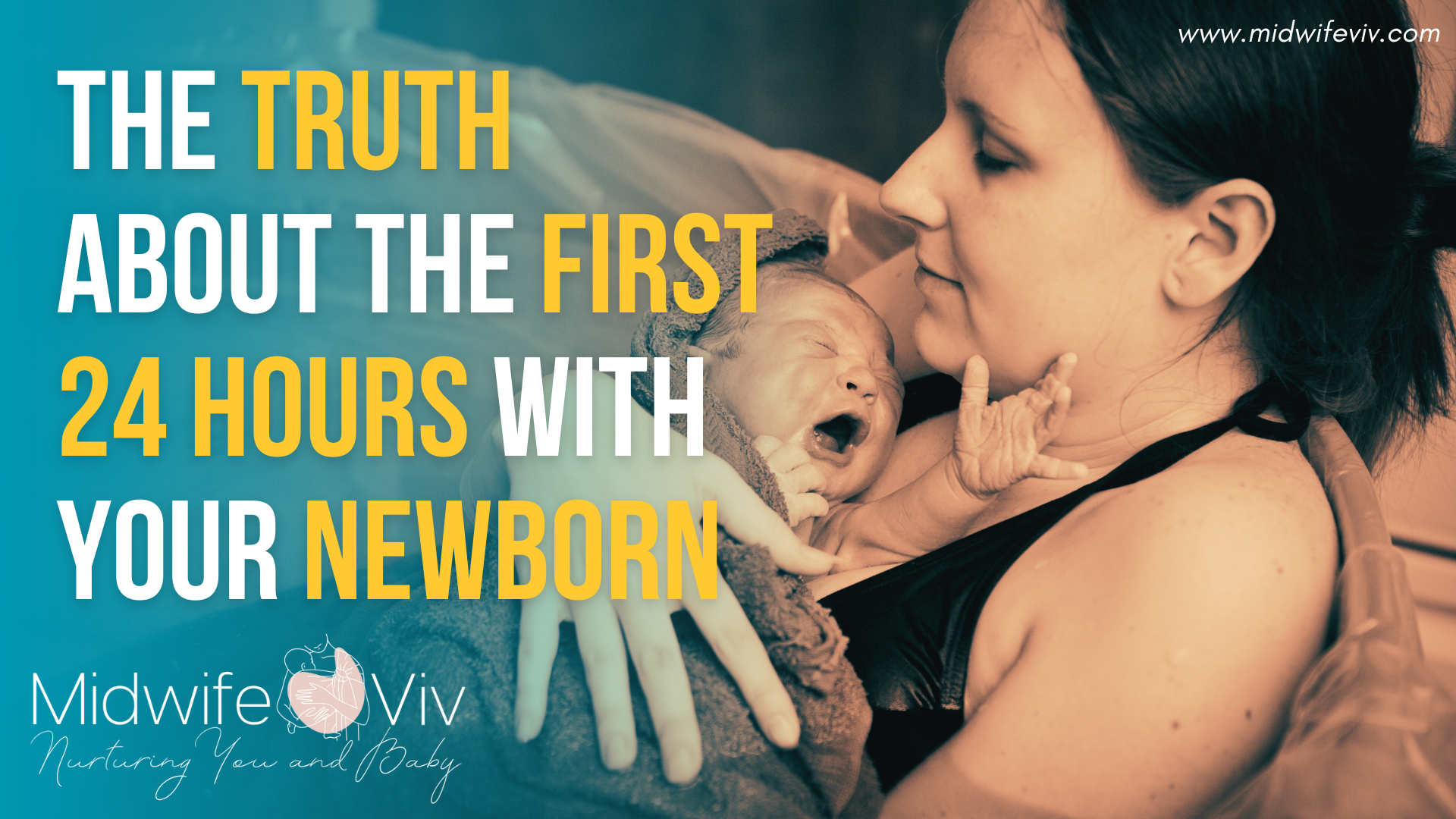 Mother holding her newborn baby skin-to-skin shortly after a water birth, both calm and bonding, representing the first 24 hours with a newborn.